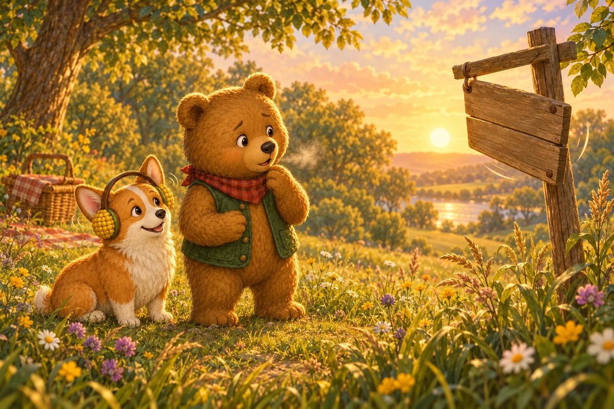Ted-E-Bear gazes at a picnic sign swinging in the breeze while Corgi sits beside him in the long grass.