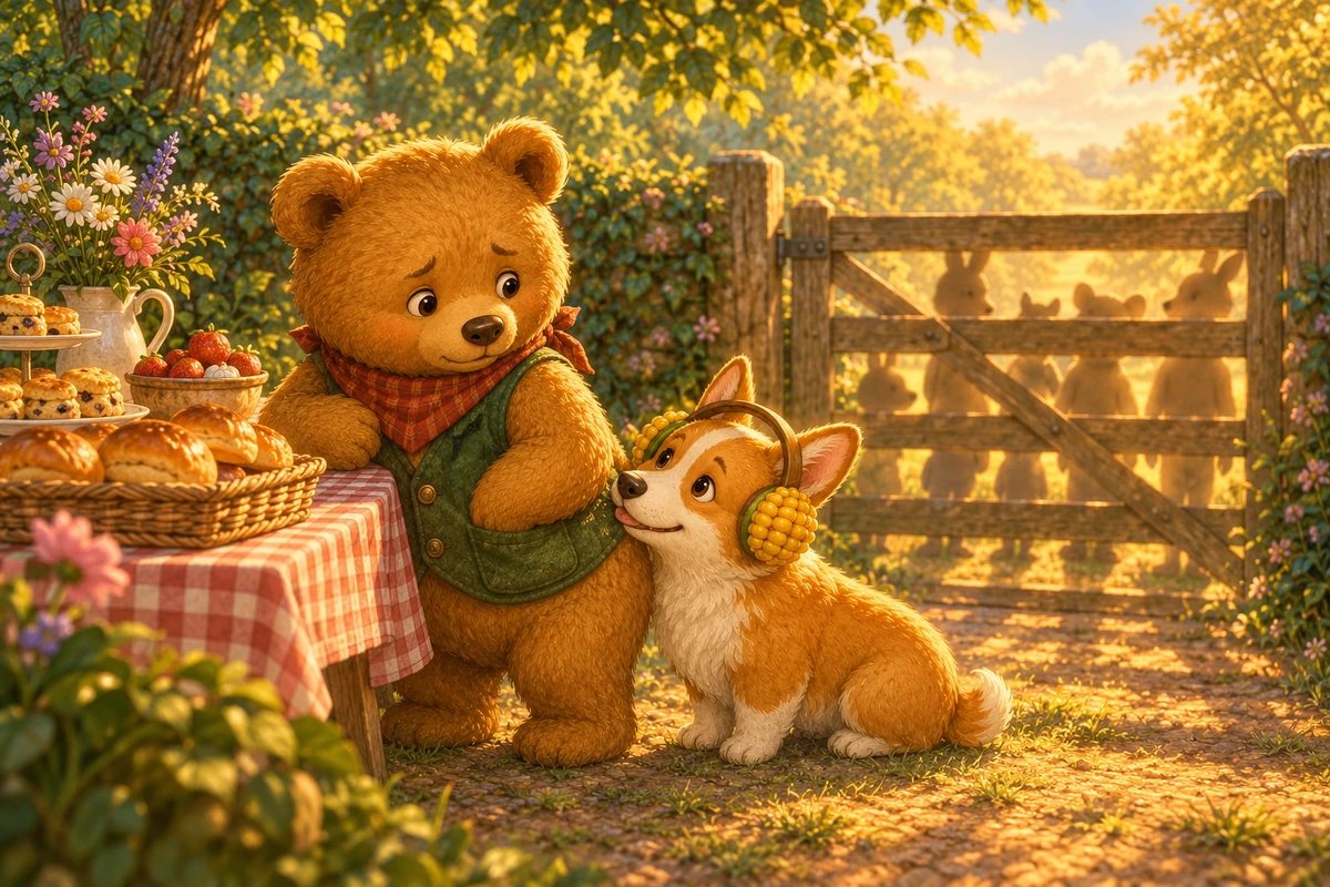 Ted-E-Bear stands by the bun table, one paw on his pocket, as the shadows of guests gather beyond the gate and Corgi leans in.