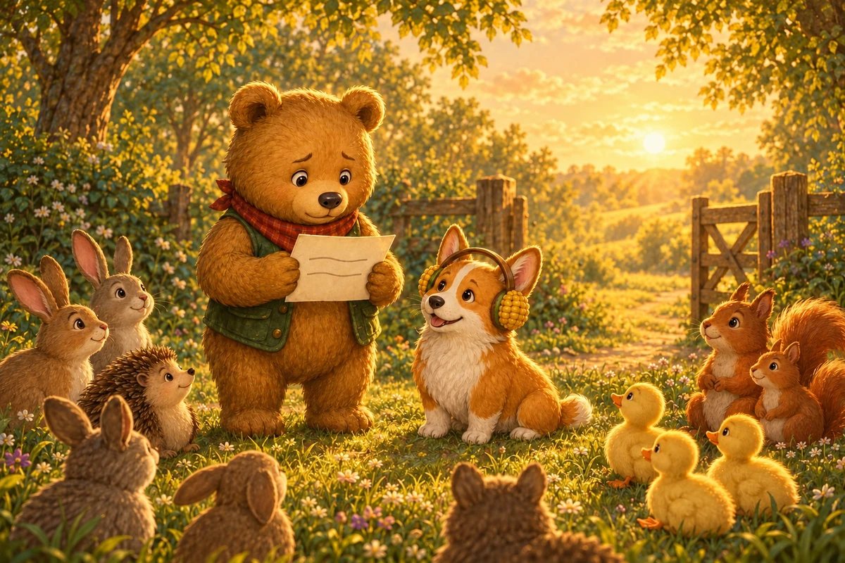 Ted-E-Bear holds up the welcome card in front of rabbits, a hedgehog, squirrels and ducklings, with Corgi sitting at his side.