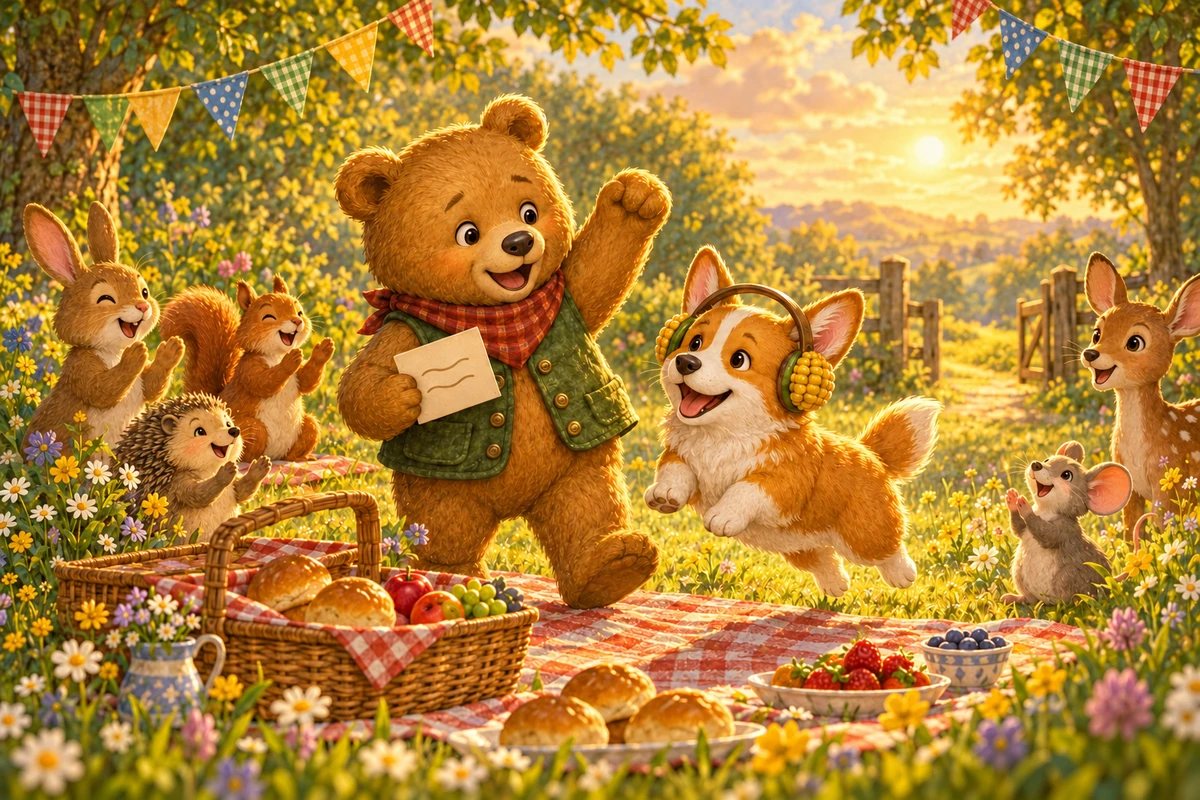 Ted-E-Bear cheers with the card in his paw as Corgi leaps beside him and the picnic friends clap.