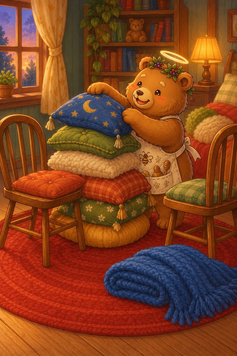 Ted-E-Bear, wearing his flower crown, halo and bee apron, stacks pillows between two chairs beside a folded blue blanket.