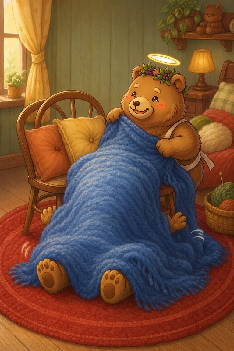 Ted sits under a heap of blue blanket after his fort collapses.