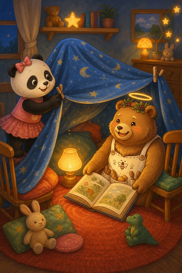 Panda-Cake holds the blue blanket while Ted sits beneath it with a lamp and an open book.