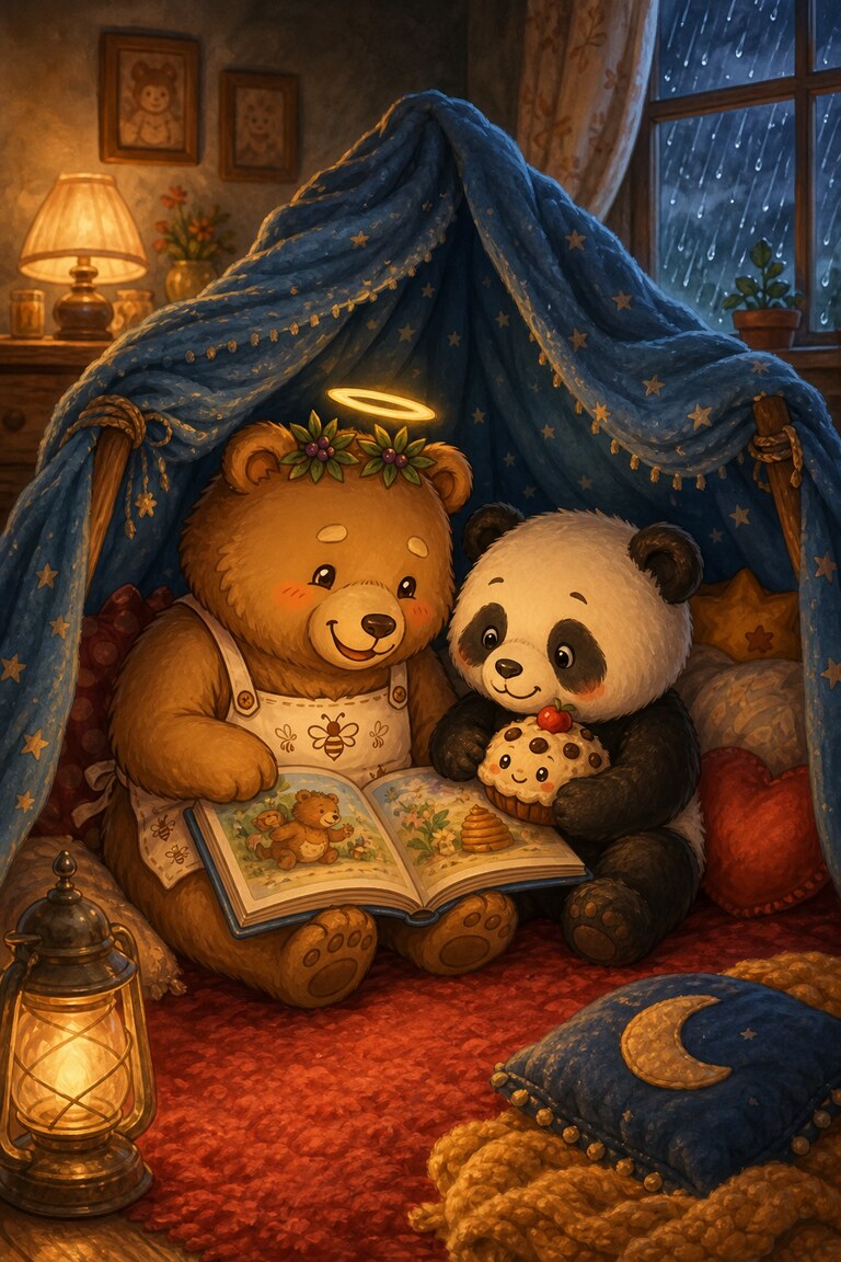 Ted and Panda-Cake read together inside their warm blue-blanket fort as rain falls outside.