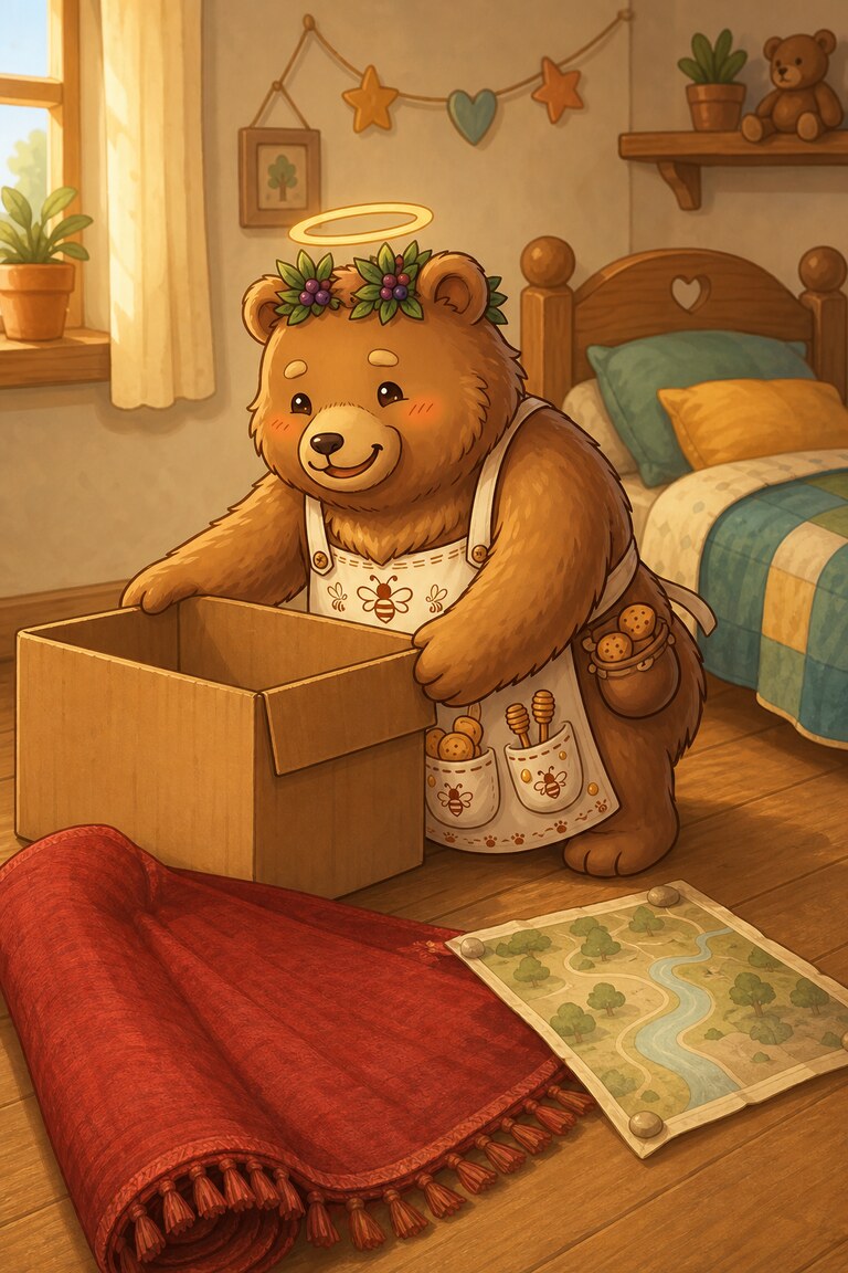Ted-E-Bear with his box, rug and den-building kit.