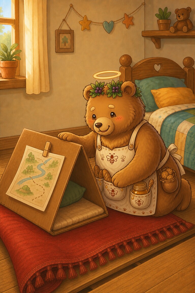 Ted clips the map to his den and sits on the rug.