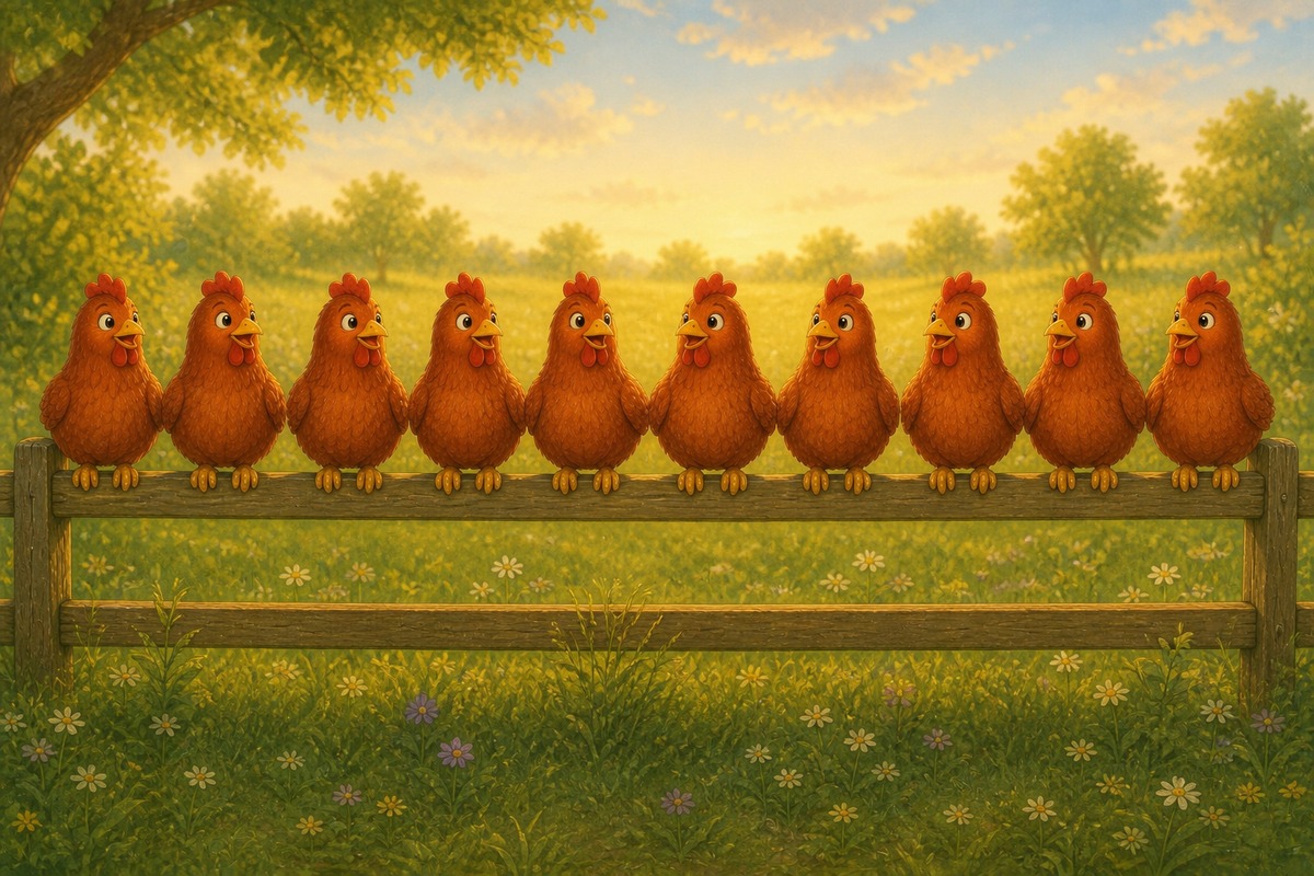 Ten red hens sit.