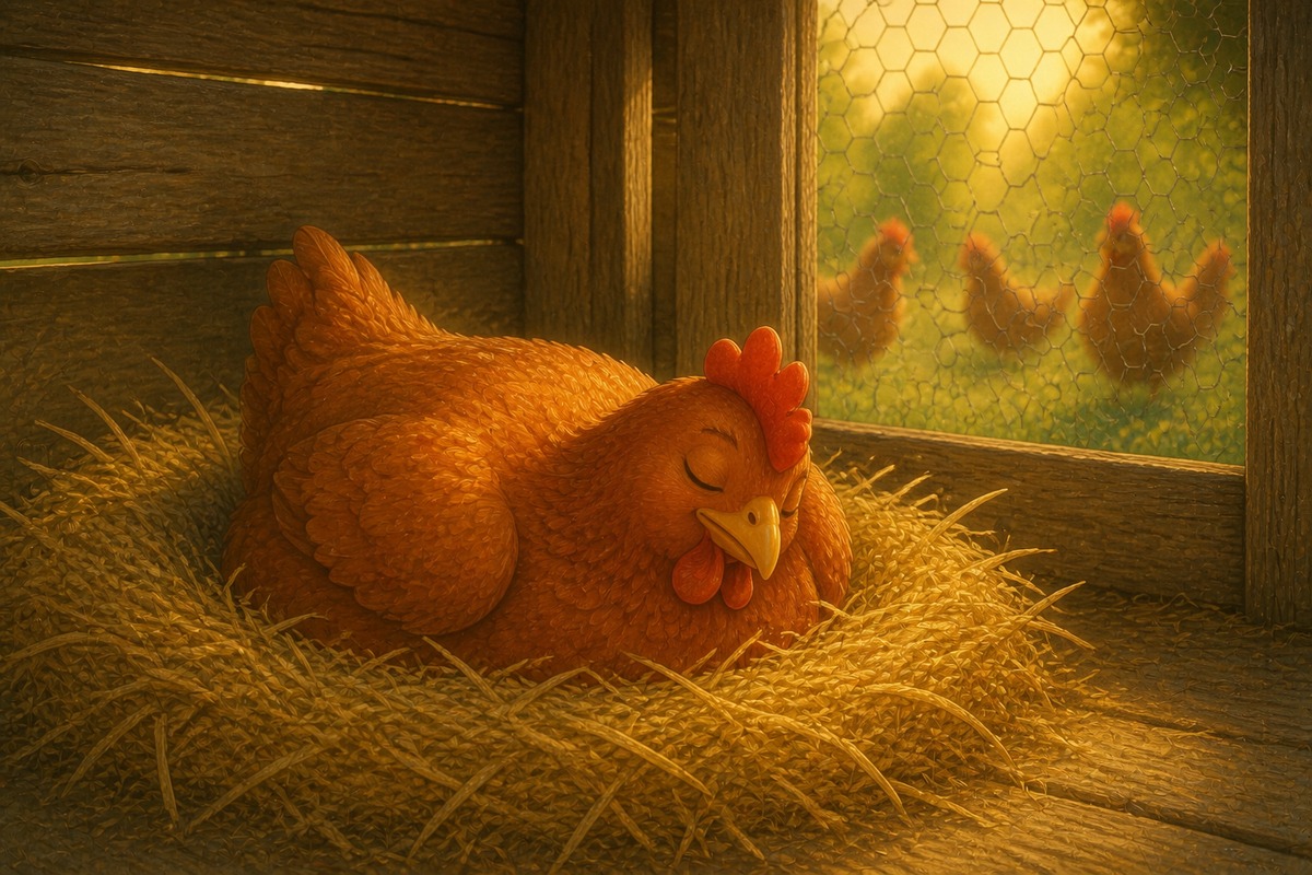 A hen naps in the pen.