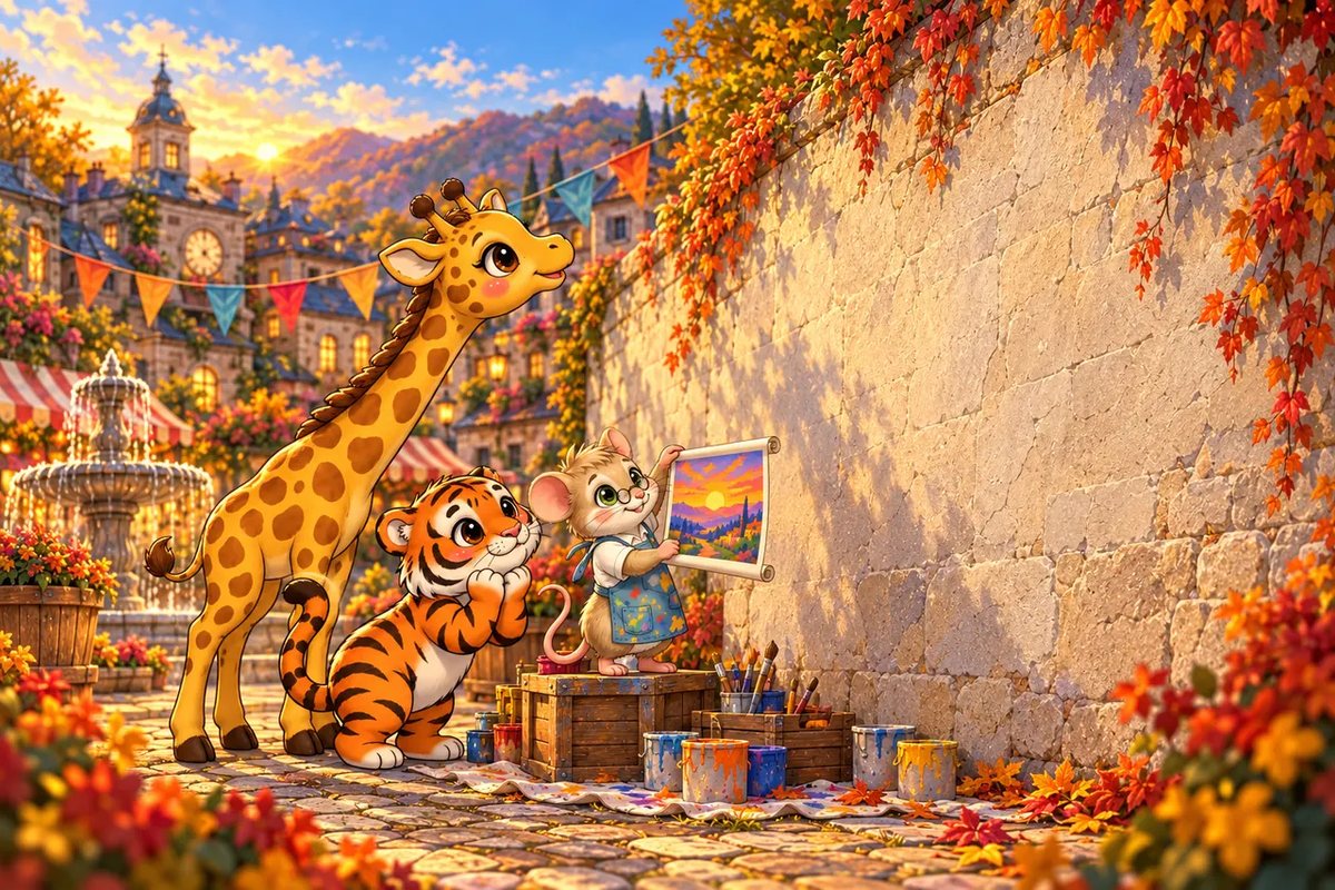 Vincent Van Mouse holds up his small sunset sketch beside a long blank wall as Sail-Affe the giraffe and Stripe-Scout the tiger cub look on.
