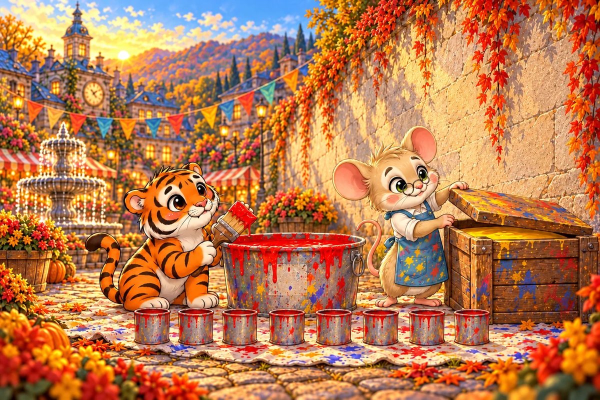 Stripe-Scout waits with a brush beside a tub of red paint and eight empty red pots while Vincent opens a crate of yellow.