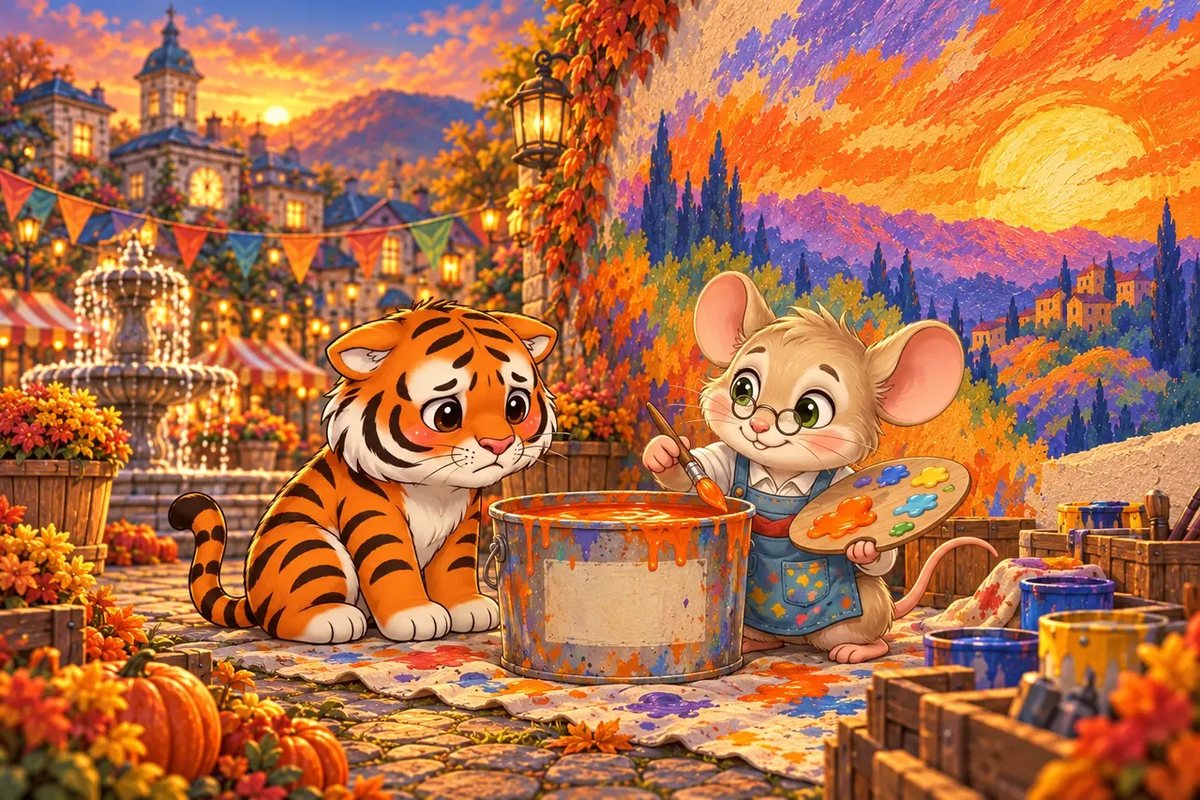 Stripe-Scout looks worried beside yesterday's paint tub while Vincent mixes colours in front of the half-painted sunset.