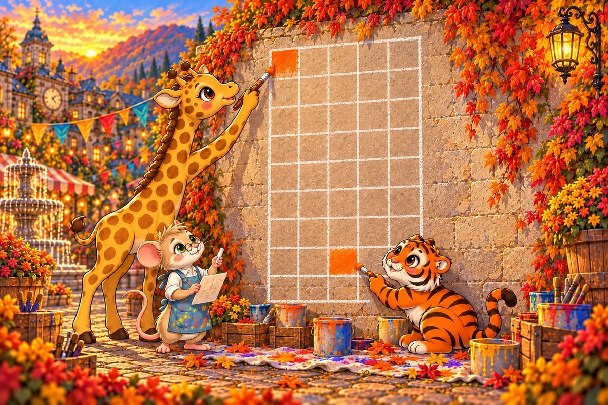 Sail-Affe stretches up to paint a top square of the chalk grid on the wall while Stripe-Scout paints a low square and Vincent watches.