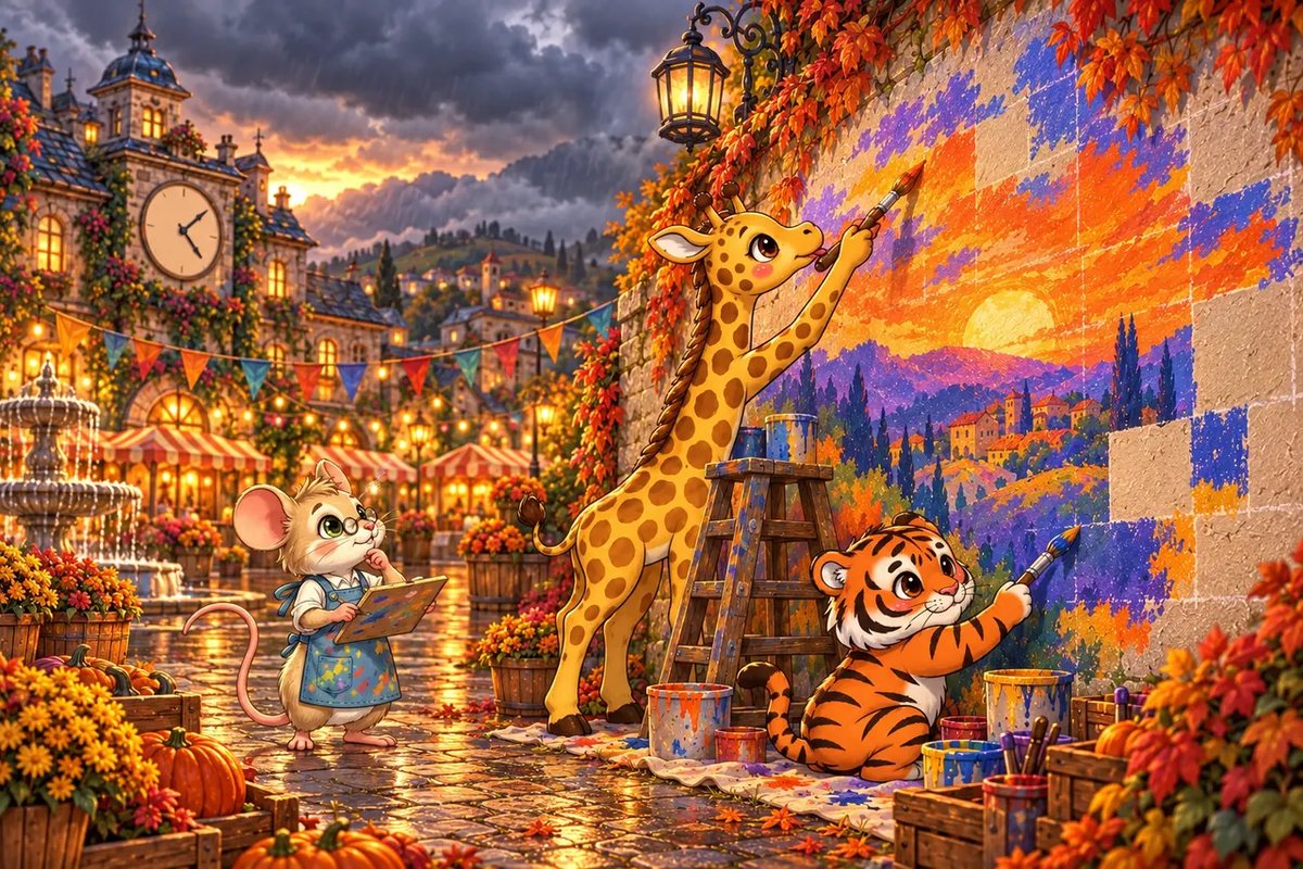 Grey clouds roll in as Sail-Affe and Stripe-Scout paint the last bare squares of the sunset and Vincent checks his sketch.