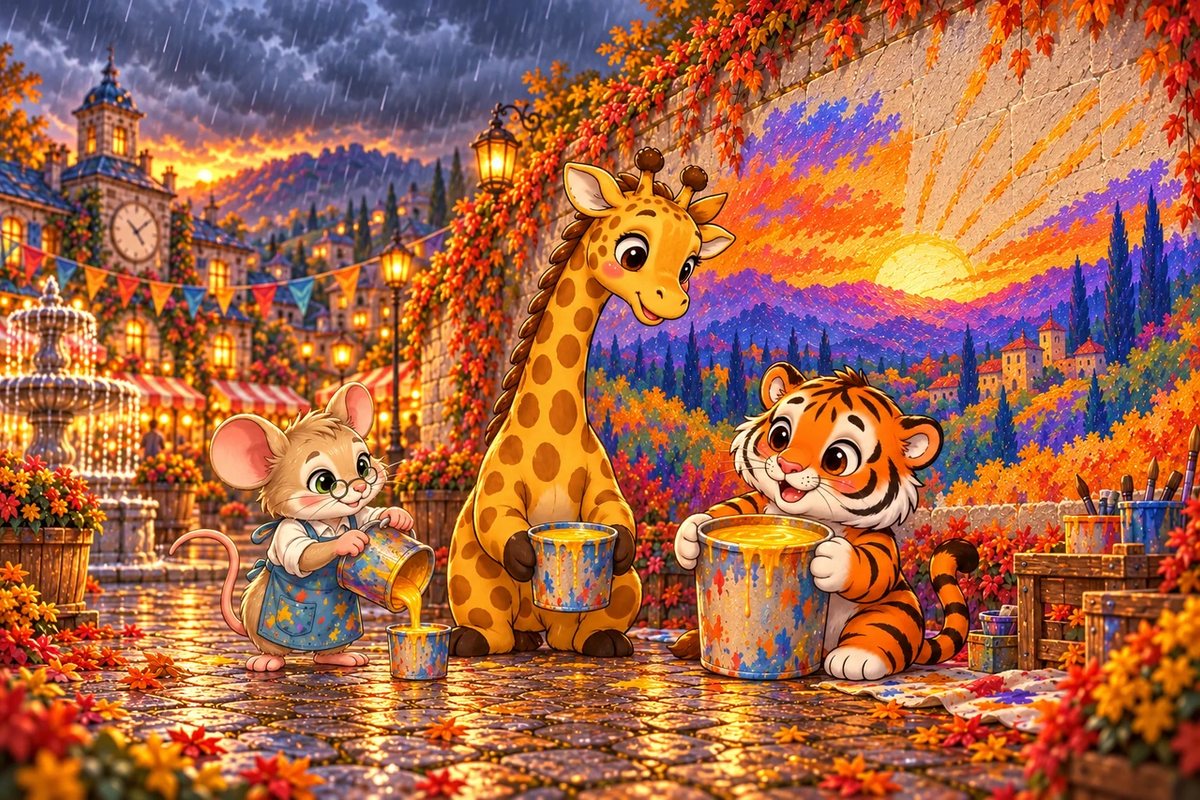 Vincent pours gold paint into three cups of different sizes for himself, Sail-Affe and Stripe-Scout as the first raindrops fall.