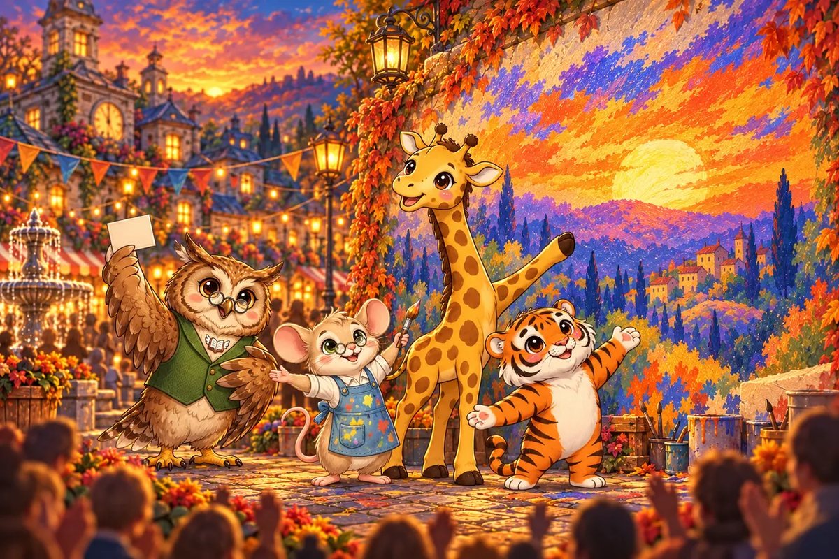 The town gathers before the finished sunset mural as Professor Hooten the owl holds up a postcard and the painters celebrate.