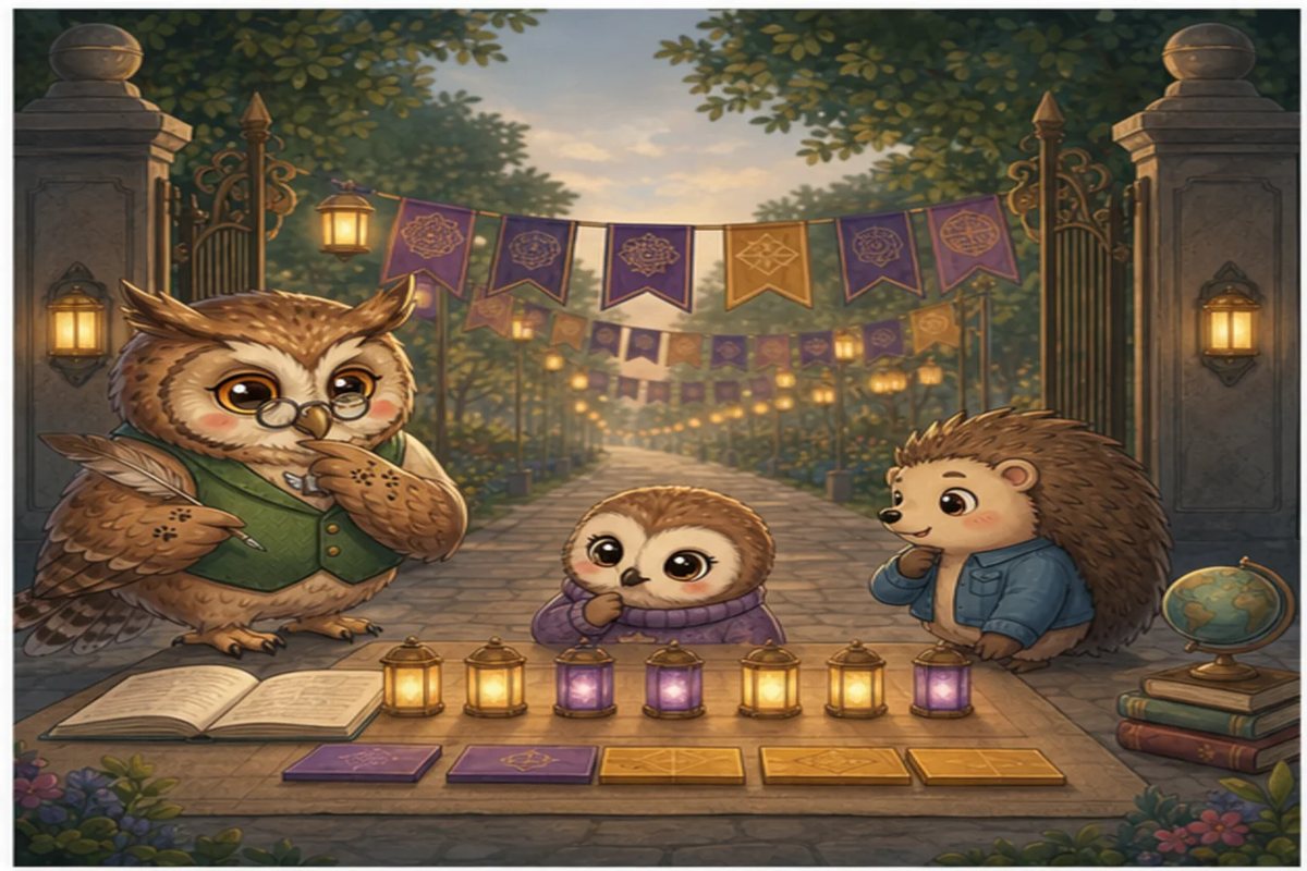 Wise Owl, Booklava and Quill-Berry study a row of lanterns and tiles under purple and gold flags at the festival gate.