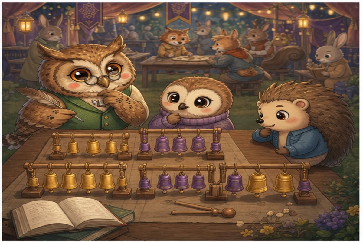 Wise Owl, Booklava and Quill-Berry look over rows of gold and purple chimes on a long table.
