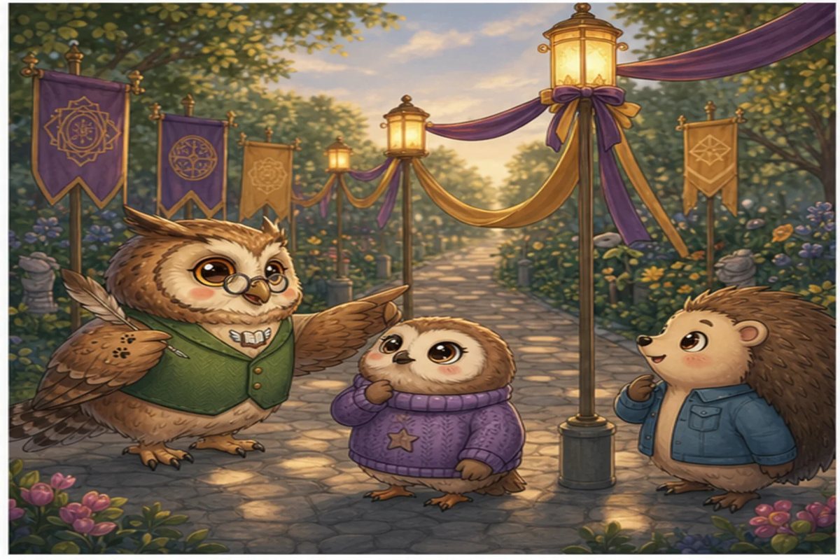 Wise Owl points to purple and gold ribbons tied round the lamp posts as Booklava and Quill-Berry listen.