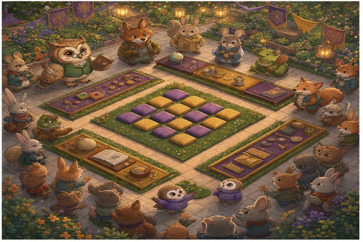 Festival friends gather round a square of 16 purple and gold cushions in the reading garden.