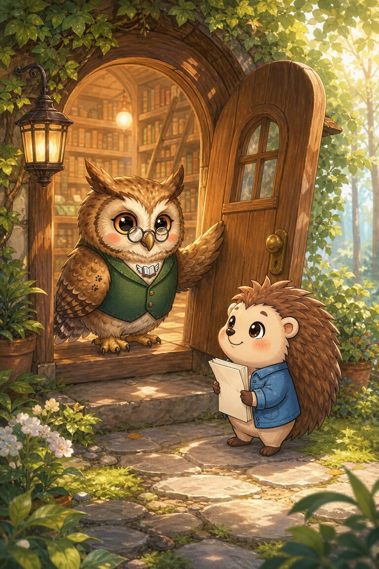 Wise Owl welcomes Quill-Berry, who holds a folded page, at the leafy library door.
