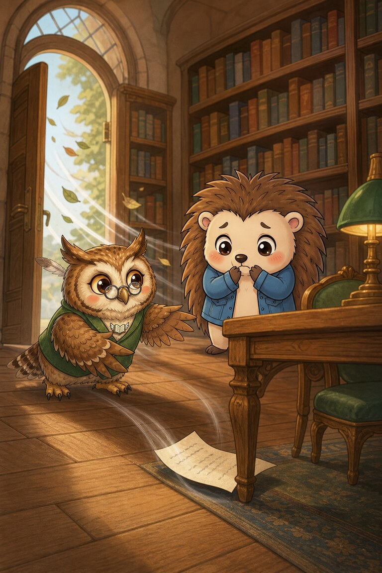 A sheet of paper lies on the floor beneath a library table while Quill-Berry looks worried.