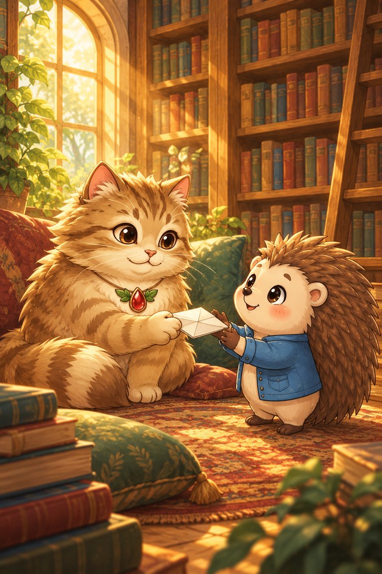 Meow-inara, a round tabby with a red pendant, returns a folded page to Quill-Berry in a quiet library corner.