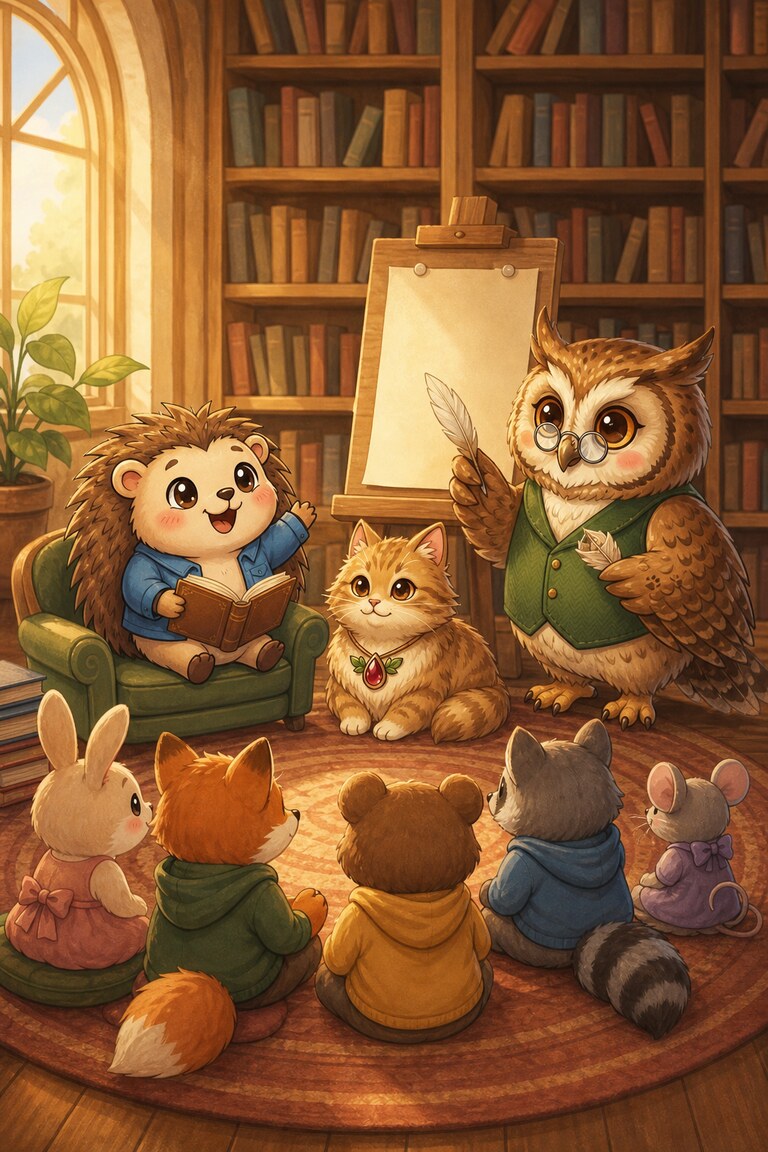 Quill-Berry shares her writing with Wise Owl, Meow-inara and a circle of listeners beside a blank display page.